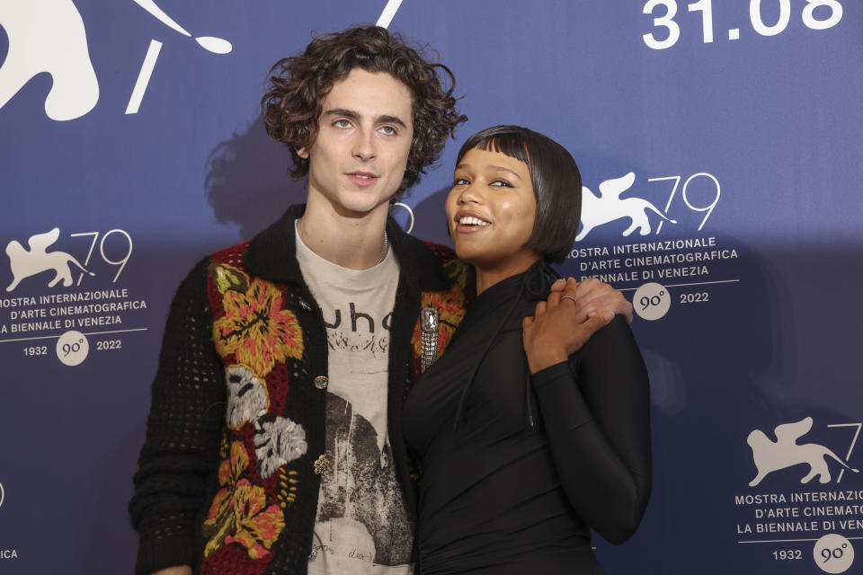 Timothee Chalamet, left, and Taylor Russell pose for photographers at the photo call for the film 'Bones and All'during the 79th edition of the Venice Film Festival in Venice, Italy, Friday, Sept. 2, 2022. (Photo by Joel C Ryan/Invision/AP)