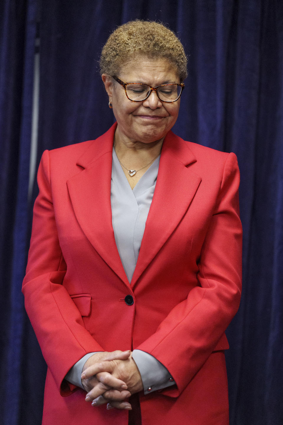 Los Angeles Mayor Karen Bass denounces anti-Semitism and hate crimes at a news conference at the U.S. Attorney's Office Central District of California offices in Los Angeles Friday, Feb. 17, 2023. A person was taken into custody Thursday in connection with the shootings of two Jewish men outside synagogues in Los Angeles this week that investigators believe were hate crimes, police said. (AP Photo/Damian Dovarganes)