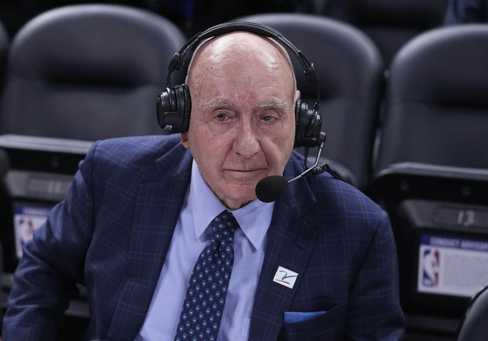 FILE - Dick Vitale prepares to announce an NCAA college basketball game between Michigan State and Kentucky, Nov. 15, 2022, in Indianapolis. St. John’s and Rutgers will play an exhibition game for charity in October to benefit the Dick Vitale Pediatric Cancer Research Fund at the V Foundation. Just more than two weeks before the college basketball regular season tips off, new coach Rick Pitino and the revamped Red Storm will host the Scarlet Knights on Oct. 21, 2023. (AP Photo/Darron Cummings File)