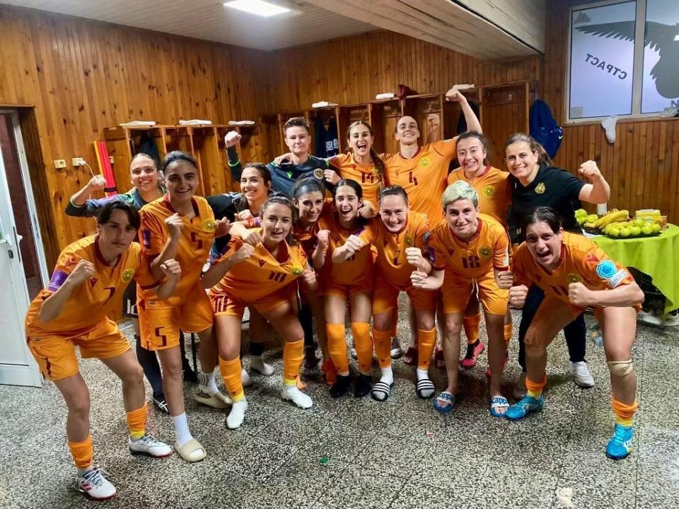 Ani Safaryan, a Red Hook High School senior, celebrates with the Armenian women's national soccer team after scoring the winning goal to beat Bulgaria in a UEFA Euro-2025 Championship qualifying match on April 9, 2024.