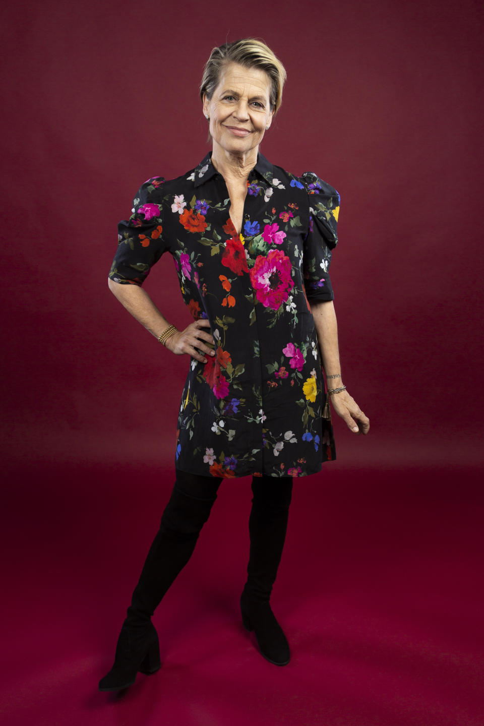 This Oct. 26, 2019 photo shows actress Linda Hamilton posing for a portrait to promote her film, "Terminator: Dark Fate" at the Four Seasons Hotel Los Angeles at Beverly Hills in Los Angeles. (Photo by Willy Sanjuan/Invision/AP)