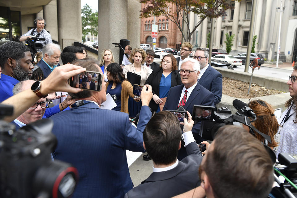 Jefferson County Attorney Mike O'Connell speaks with reporters outside the Hall of Justice in Louisville, Ky., Wednesday, May 29, 2024. The county dropped all charges against golfer Scottie Scheffler for an incident that happened outside the Valhalla Golf Course earlier this month. (AP Photo/Timothy D. Easley)