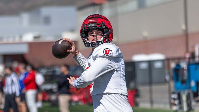 Utah quarterback Brandon Rose prepares to throw during 2024 spring camp. Rose and incoming freshman Isaac Wilson are competing for QB2 duties.