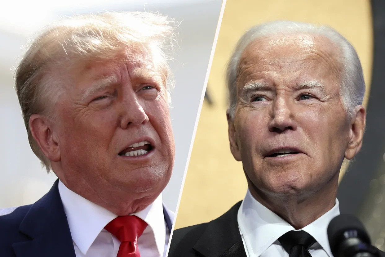 Two photos show Donald Trump and Joe Biden speaking.