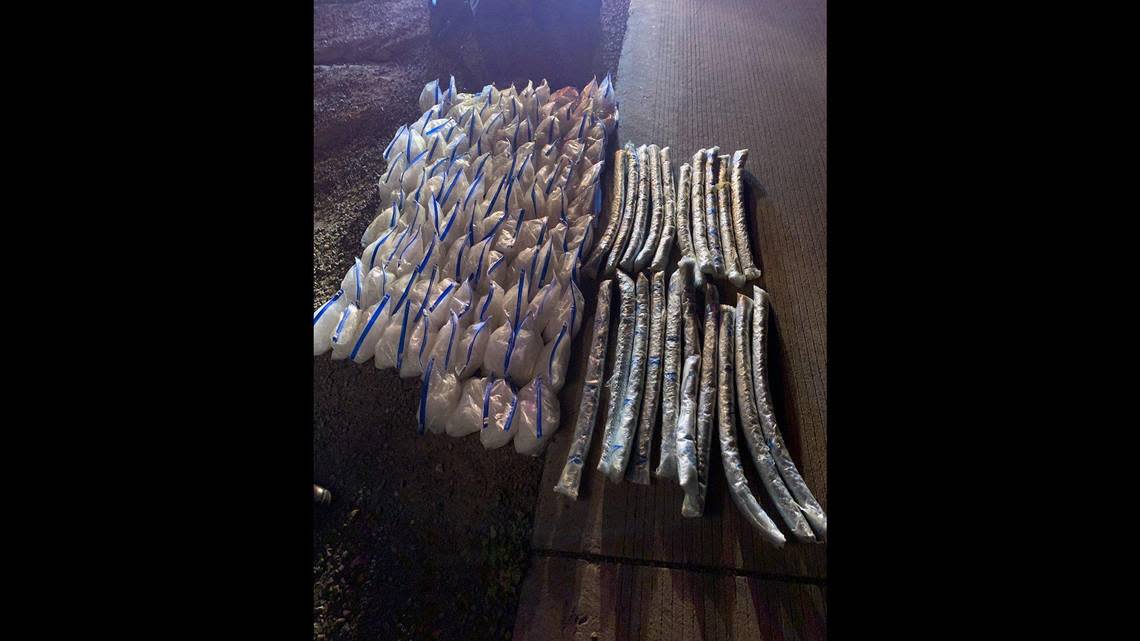 An April 25 traffic stop of a 2007 Honda CR-V along Highway 99 north of Le Grand Road in Merced County, led a CHP officer and K-9 to find 104 pounds of methamphetamine and 40 pounds of fentanyl, according to the California Highway Patrol. Image courtesy of California Highway Patrol.