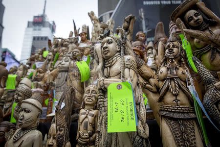 Carved pieces of confiscated ivory are placed out to be crushed in New York's Times Square June 19, 2015. REUTERS/Brendan McDermid