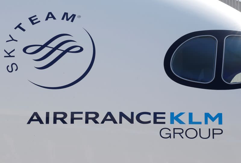 FILE PHOTO: Logo of Air France KLM Group is pictured on the first Air France airliner's Airbus A350 during a ceremony at the aircraft builder's headquarters of Airbus in Colomiers