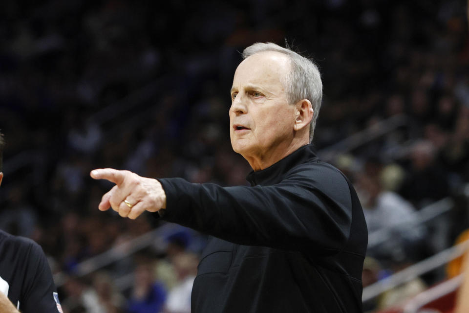 Tennessee head coach Rick Barnes watches from the sidline during the first half of a Sweet 16 college basketball game against Creighton in the NCAA Tournament, Friday, March 29, 2024, in Detroit. (AP Photo/Duane Burleson)