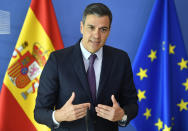 FILE - Spain's Prime Minister Pedro Sanchez speaks at the EU headquarters in Brussels, June 22, 2022. Russia’s invasion of Ukraine is certain to dominate an upcoming NATO summit in Madrid. But host nation Spain and other members are quietly pushing the Western alliance to consider how mercenaries aligned with Russian President Vladimir Putin are spreading Moscow’s influence in Africa. (AP Photo/Geert Vanden Wijngaert, File)