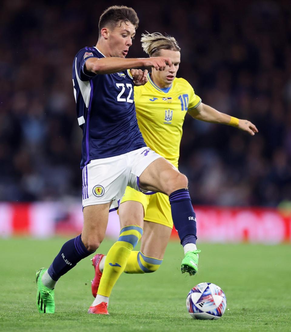 Scotland’s Aaron Hickey (left) impressed against Ukraine (Steve Welsh/PA). (PA Wire)