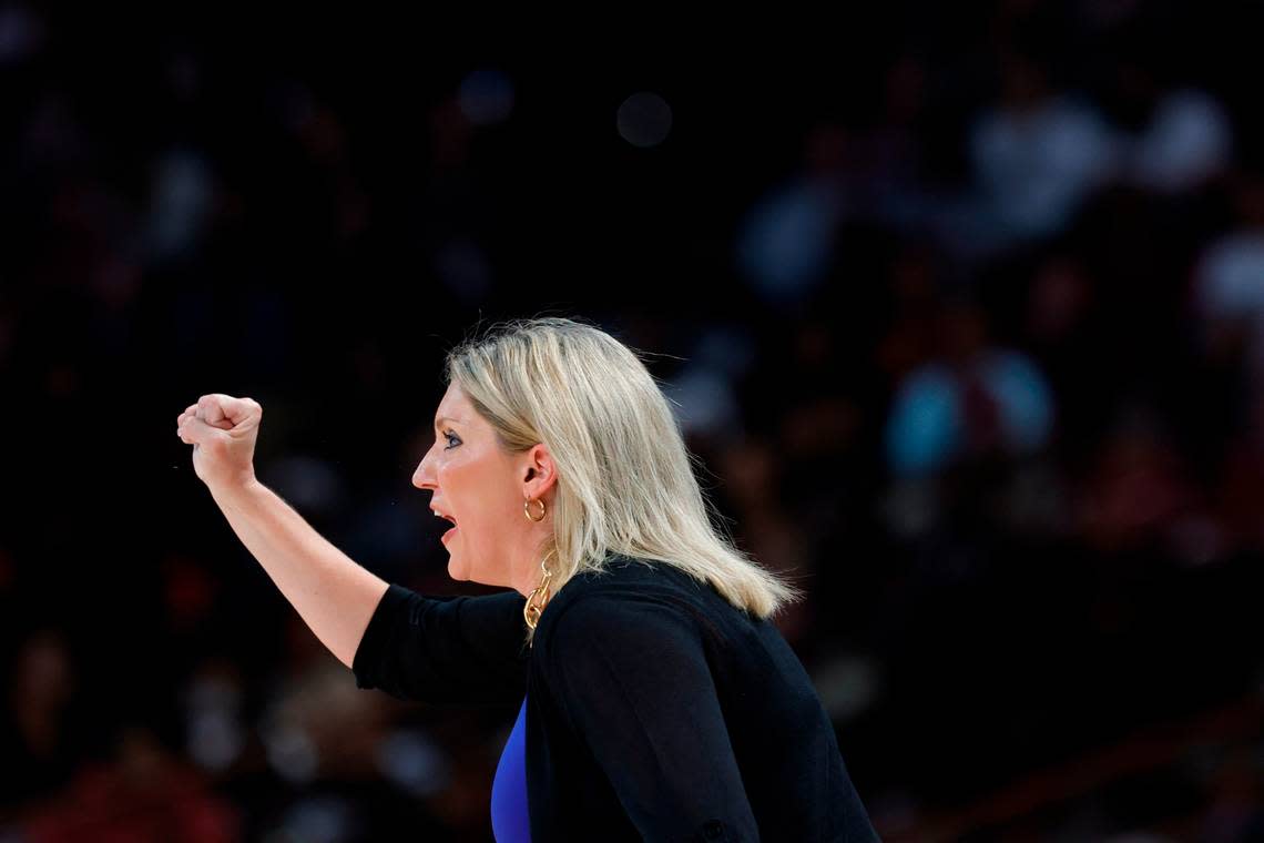 Presbyterian head coach Alaura Sharp watches her team during the first half of action against South Carolina in the first round of the NCAA Tournament at the Colonial Life Arena in Columbia, SC, on Friday, Mar. 22, 2024 Tracy Glantz/tglantz@thestate.com