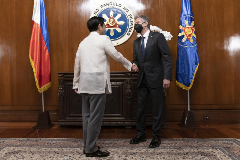 Secretary of State Antony Blinken, right, meets with Philippine President Ferdinand Marcos Jr. at the Malacanang Palace in Manila, Philippines, Saturday, Aug. 6, 2022. Blinken is on a ten day trip to Cambodia, Philippines, South Africa, Congo, and Rwanda. (AP Photo/Andrew Harnik, Pool)