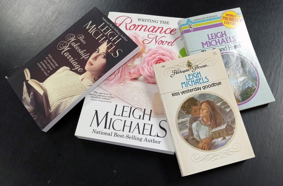 Bestselling author Leigh Michaels shares copies of her first two romance novels published by Harlequin, plus her popular nonfiction book on writing romance and a recent Regency romance.