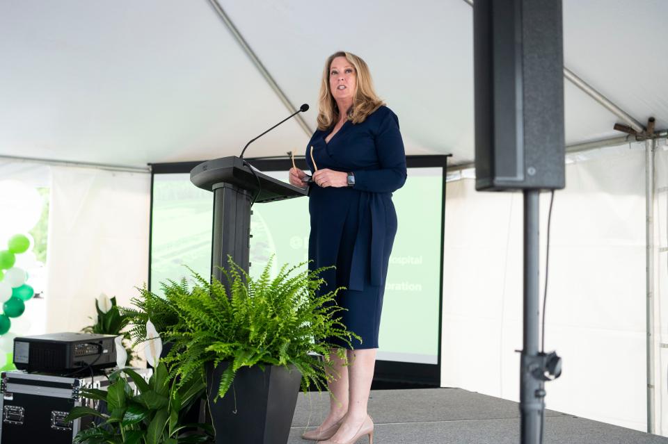 Laura Appel, executive vice president of government relations and public policy at the Michigan Health and Hospital Association, gives remarks at the opening ceremonies for Bronson Behavioral Health Hospital in Battle Creek on Thursday, June 15, 2023.