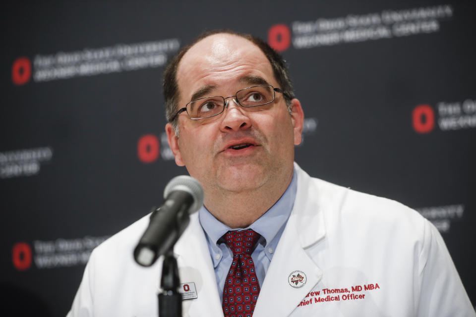 FILE - In this Nov. 29, 2016, file photo, Dr. Andrew Thomas, Chief Medical Officer at the Ohio State University Wexner Medical Center, speaks during a news conference in Columbus, Ohio. Thomas said Wednesday, July 14, 2021, that nine of every 10 central Ohioans being hospitalized for the coronavirus are partially vaccinated or unvaccinated. Meanwhile, Dr. Bruce Vanderhoff, chief medical officer for the Ohio Department of Health, said coronavirus vaccination trends have led to the development of "two Ohios" just as the highly contagious delta variant spreads widely. (AP Photo/John Minchillo, File)