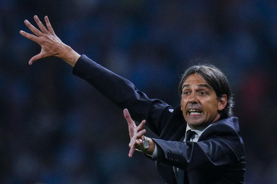 Inter Milan's head coach Simone Inzaghi gestures during the Champions League final soccer match between Manchester City and Inter Milan at the Ataturk Olympic Stadium in Istanbul, Turkey, Saturday, June 10, 2023. (AP Photo/Manu Fernandez)