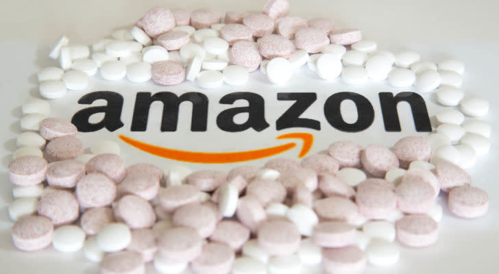 An image of pills surrounding the Amazon (AMZN( logo representing ONEM stock.