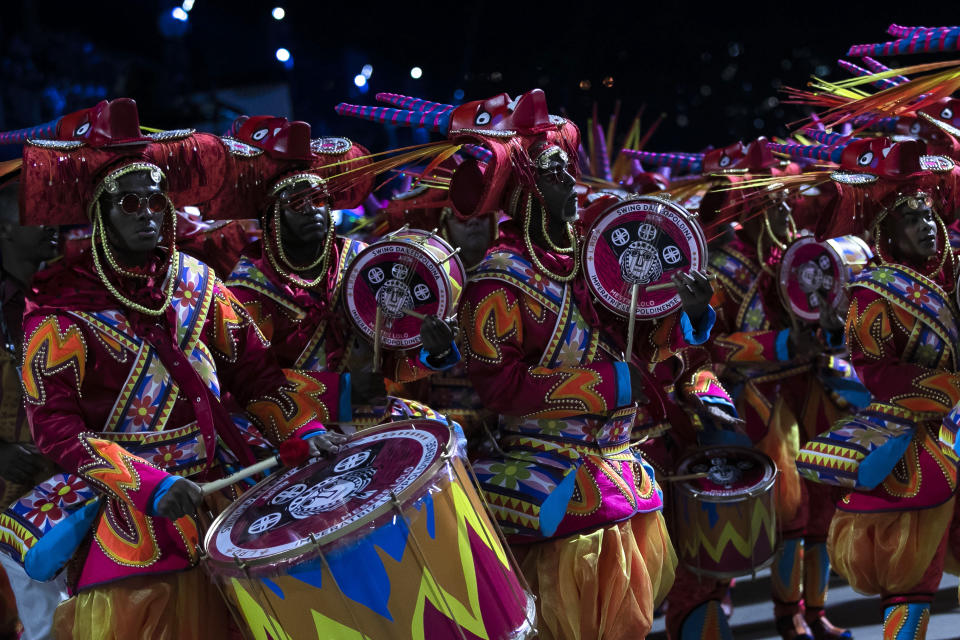 Performers from the Imperatriz Leopoldinense samba school parade on a float during Carnival celebrations at the Sambadrome in Rio de Janeiro, Brazil, Tuesday, Feb. 21, 2023. (AP Photo/Bruna Prado)