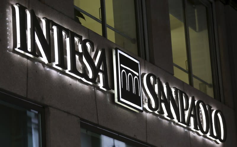 The Intesa Sanpaolo logo is seen in Milan