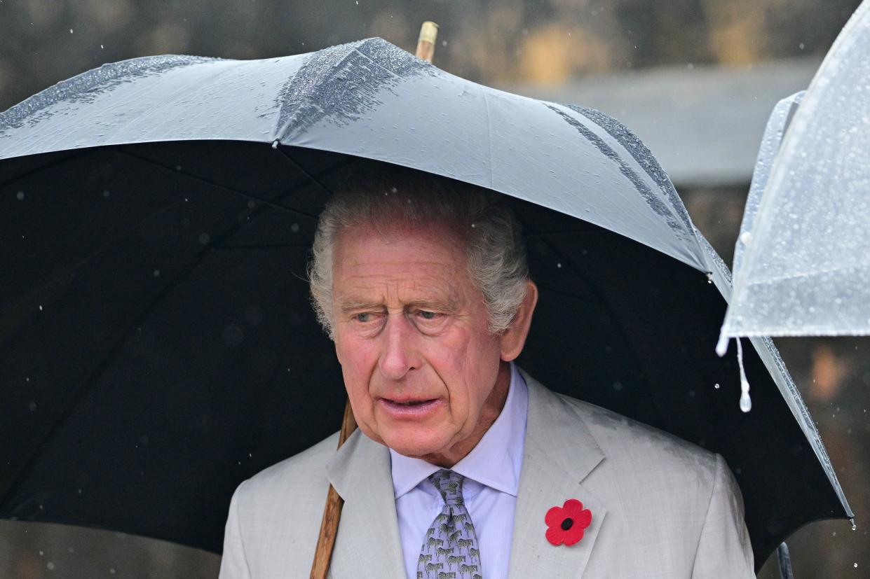 Britain's King Charles III arrives during a visit to Fort Jesus, a UNESCO world heritage site, in Mombasa Old Town on November 3, 2023. (Photo by Ben Stansall / AFP) (Photo by BEN STANSALL/AFP via Getty Images)