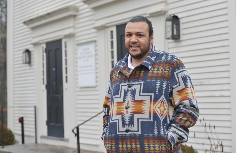 Brian Weeden is the chairman of the Mashpee Wampanoag Tribal Council. He was photographed at the Old Indian Meeting House in Mashpee in December 2021.