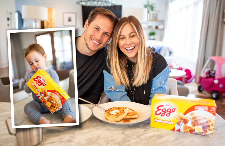 Johnson East (with daughter Drew and husband Andrew) is starring in the "L'Eggo with Eggo" campaign. (Photo: Kellogg's)