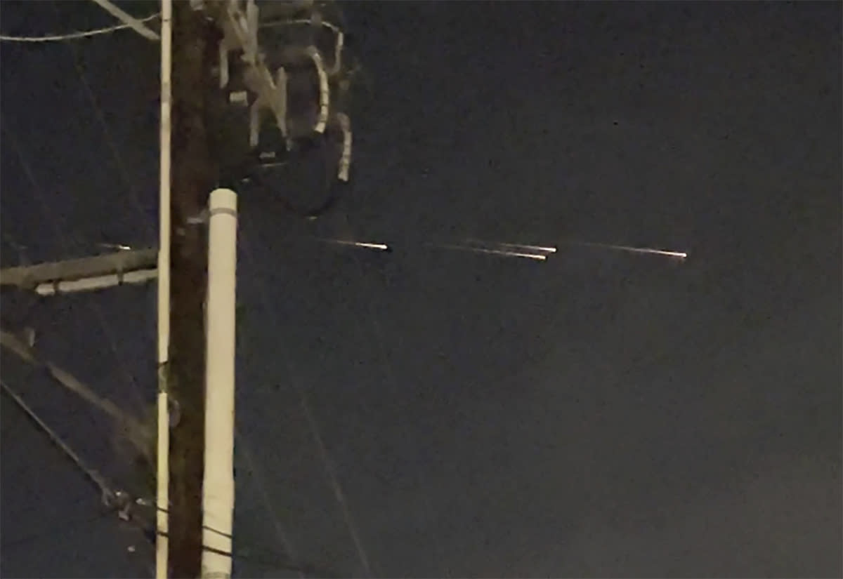 This image from video provided by Jaime Hernandez shows streaks of light travelling across the sky over the Sacramento, Calif., area on Friday night, March 17, 2023. “Mainly, we were in shock, but amazed that we got to witness it,” Hernandez said. “None of us had ever seen anything like it.” (Jaime Hernandez via AP)