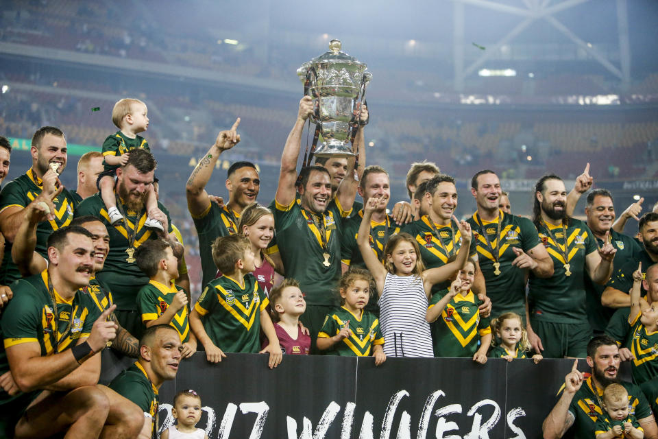 The Kangaroos celebrate their win during the Rugby League World Cup final between Australia and England at Suncorp Stadium in Brisbane, Saturday, December 2, 2017. Source: AAP