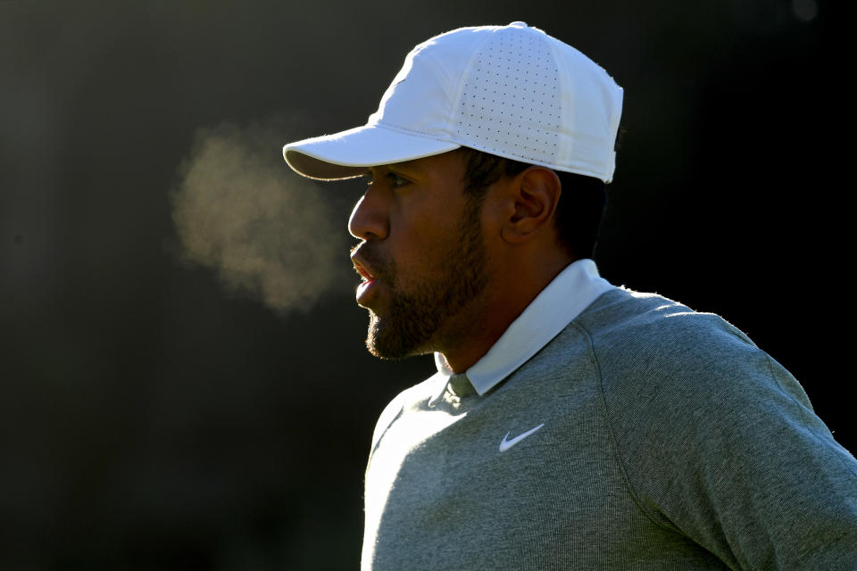 Tony Finau walks off the 8th hole green during the continuation of the third round of the Genesis Open at Riviera Country Club on February 17, 2019 in Pacific Palisades, California. (Photo by Harry How/Getty Images)