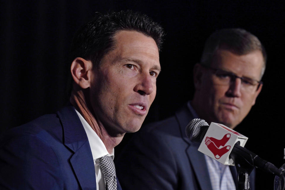 Boston Red Sox chief baseball officer Craig Breslow, left, addresses reporters while seated with team president Sam Kennedy during a press availability at Fenway Park, Thursday, Nov. 2, 2023, in Boston. (AP Photo/Charles Krupa)