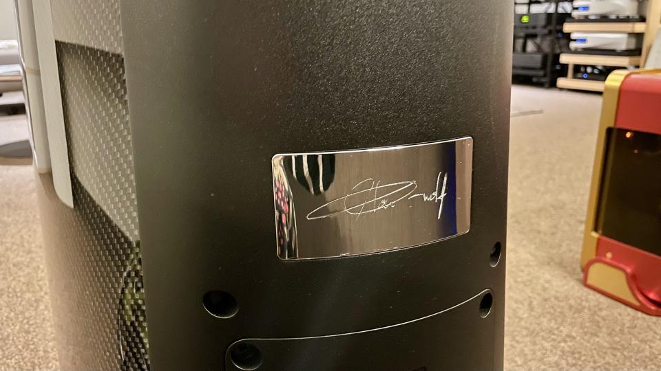 Magico M7's back plate, with a signature of CEO Alon Wolf
