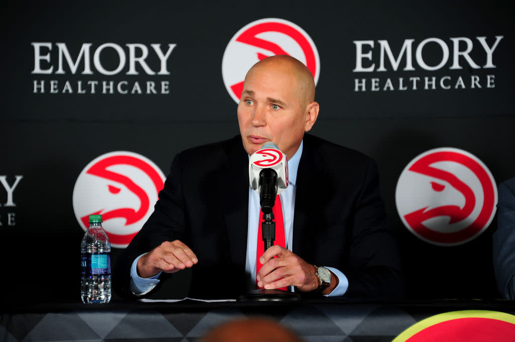 Atlanta Hawks general manager Travis Schlenk was pretty pleased media reports helped save him a draft pick. (Getty Images)