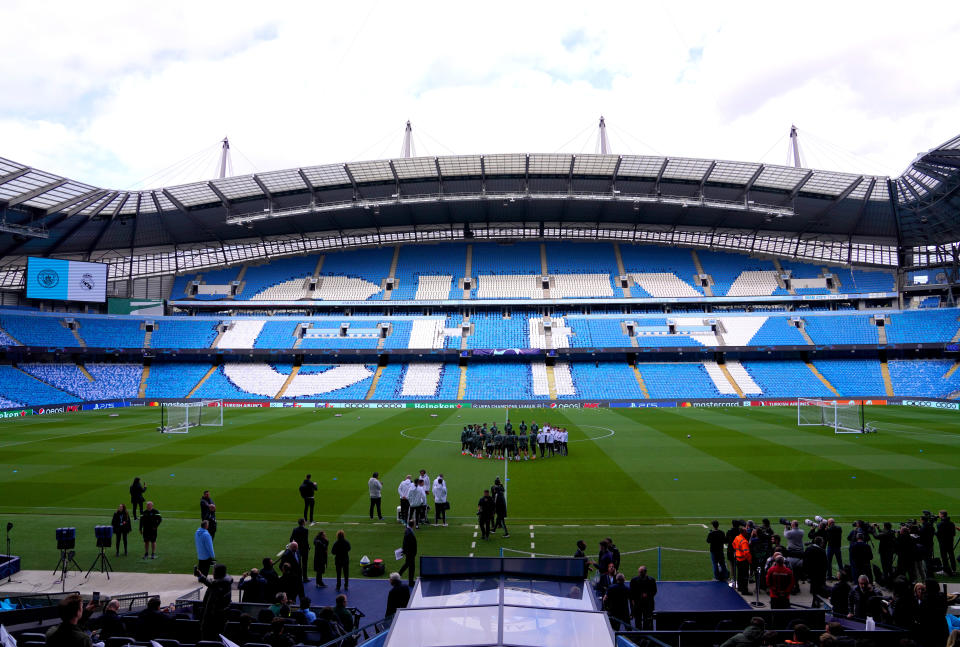 Real Madrid players on the pitch during a training session at the Etihad Stadium, Manchester. Picture date: Tuesday May 16, 2023. (Photo by Martin Rickett/PA Images via Getty Images)