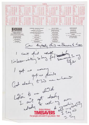 <p>Â© Queen Music Ltd - Sony Music Publishing UK Ltd</p> Freddie Mercury's draft lyrics for Somebody to Love