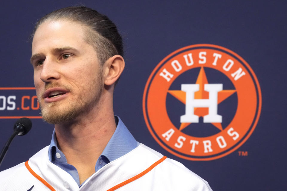 Houston Astros relief pitcher Josh Hader speaks to the media during a news conference announcing his signing with the team on Monday, Jan. 22, 2024, in Houston. Hader and the Astros have finalized a $95 million, five-year contract. (Brett Coomer/Houston Chronicle via AP)