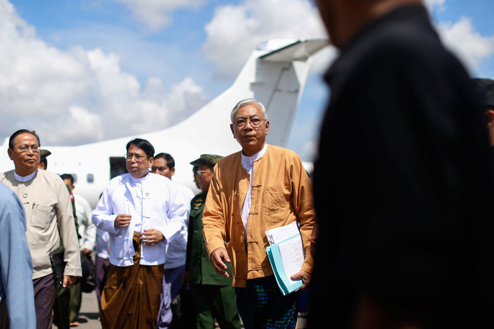 <p>Myanmar’s President Htin Kyaw, right, arrives at the Nyaung U Airport to inspect the situation of the earthquake-hit Bagan, Myanmar, Thursday, Aug. 25, 2016. (AP Photo/Hkun Lat) </p>