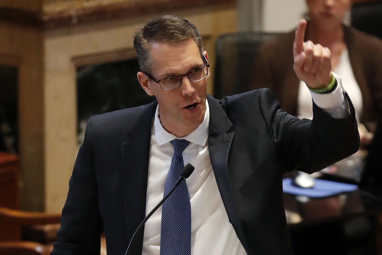 Sen. Randy Feenstra, R-Hull, speaks during debate on the tax bill in the Iowa Senate, Saturday, May 5, 2018, at the Statehouse in Des Moines, Iowa. (Charlie Neibergall/AP Photo)