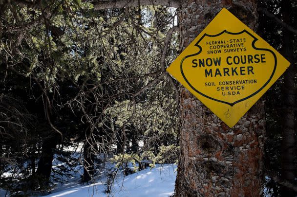 PHOTO: A sign marks the location of the Mosquito Creek snow course near the town of Fairplay, Colo., March 28, 2023. (Jason Connolly/AFP via Getty Images)