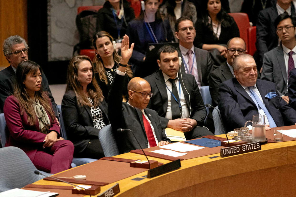 Les Américains ont voté contre un projet de résolution qui recommande à l'Assemblée générale de l'ONU, que « l'État de Palestine soit admis comme membre des Nations unies » , le 18 avril 2024.   - Credit:Xinhua/ABACA