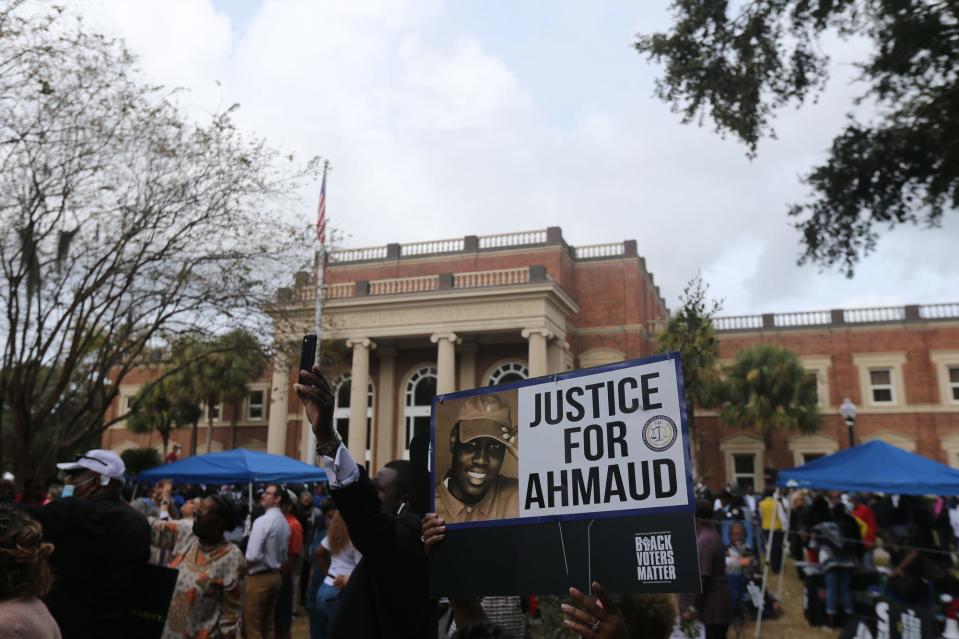 Hundreds gather outside the Glynn County Courthouse in Brunswick Georgia on Thursday as pastors from around the country came out to support the Arbery family.