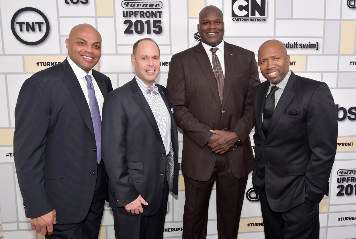 NEW YORK, NY - MAY 13: (L-R) Charles Barkley, Ernie Johnson, Shaquille O'Neal, and Kenny Smith attend the Turner Upfront 2015 at Madison Square Garden on May 13, 2015 in New York City.
25201_002_TW_0189.JPG  (Photo by Theo Wargo/Getty Images for Turner)