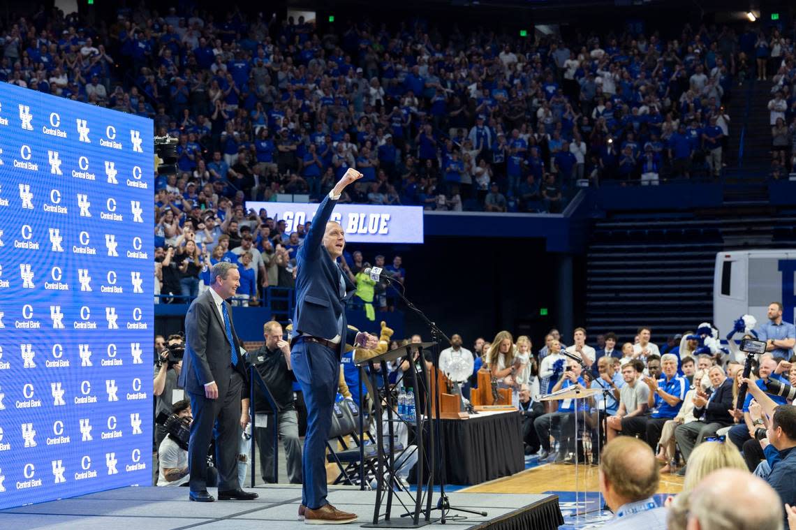 New Kentucky basketball head coach Mark Pope speaks during an introductory event at Rupp Arena in Lexington, Ky, Sunday, April 14, 2024.