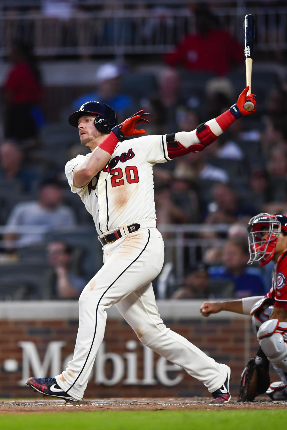 Atlanta Braves' Josh Donaldson watches his home run sail over left center field during the sixth inning of a baseball game against the Washington Nationals, Sunday, July 21, 2019, in Atlanta. (AP Photo/John Amis)