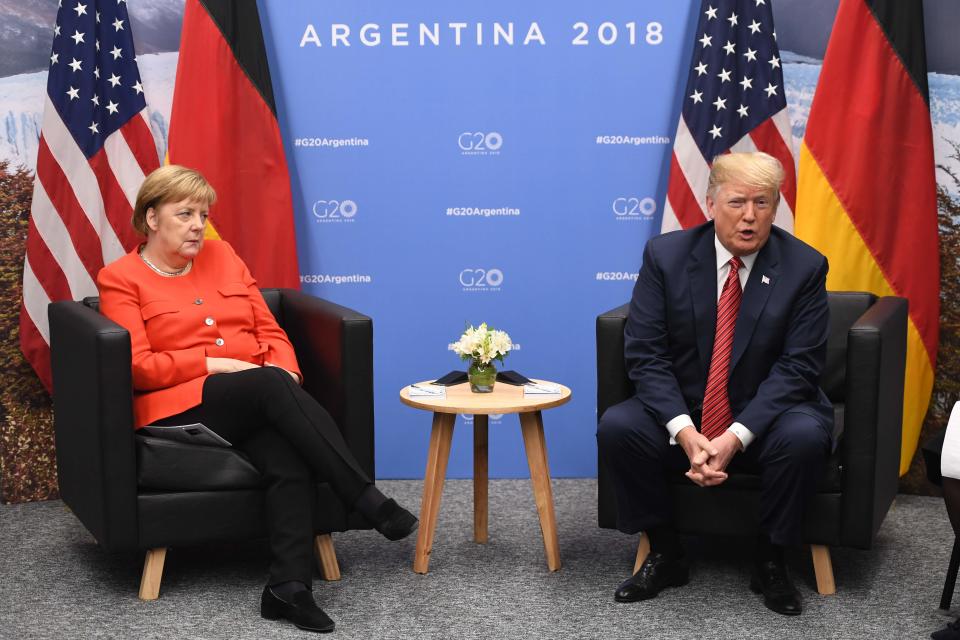 German Chancellor Angela Merkel, left, and President Donald Trump hold a bilateral meeting on the sidelines of the G20 Leaders' Summit in Buenos Aires on Dec. 01, 2018.