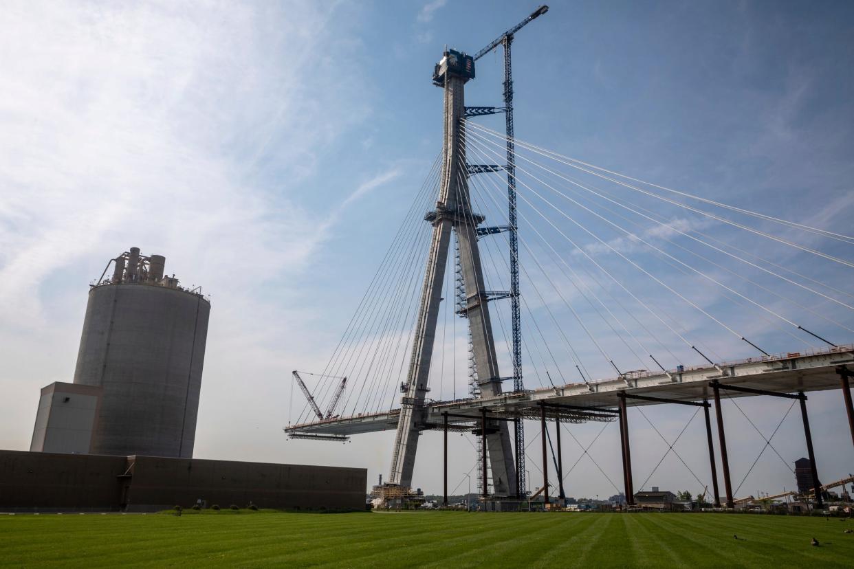 The Gordie Howe International Bridge stands tall in Detroit on Tuesday, Aug. 8, 2023. Federal grant funding will allow a Midwestern hydrogen production project to construct a hydrogen "Truck Stop of the Future" to serve traffic at the bridge, state and federal officials announced Friday, Oct. 13, 2023.