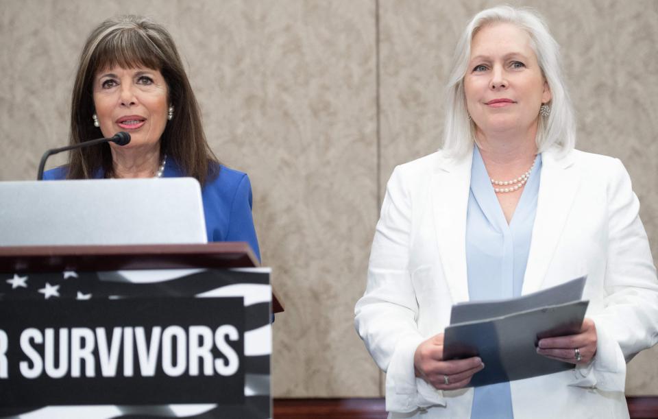 From left, Rep. Jackie Speier, D-Calif., and Sen. Kirsten Gillibrand, D-N.Y., introduce the Vanessa Guillen Military Justice Improvement and Increasing Prevention Act on June 23, 2021.