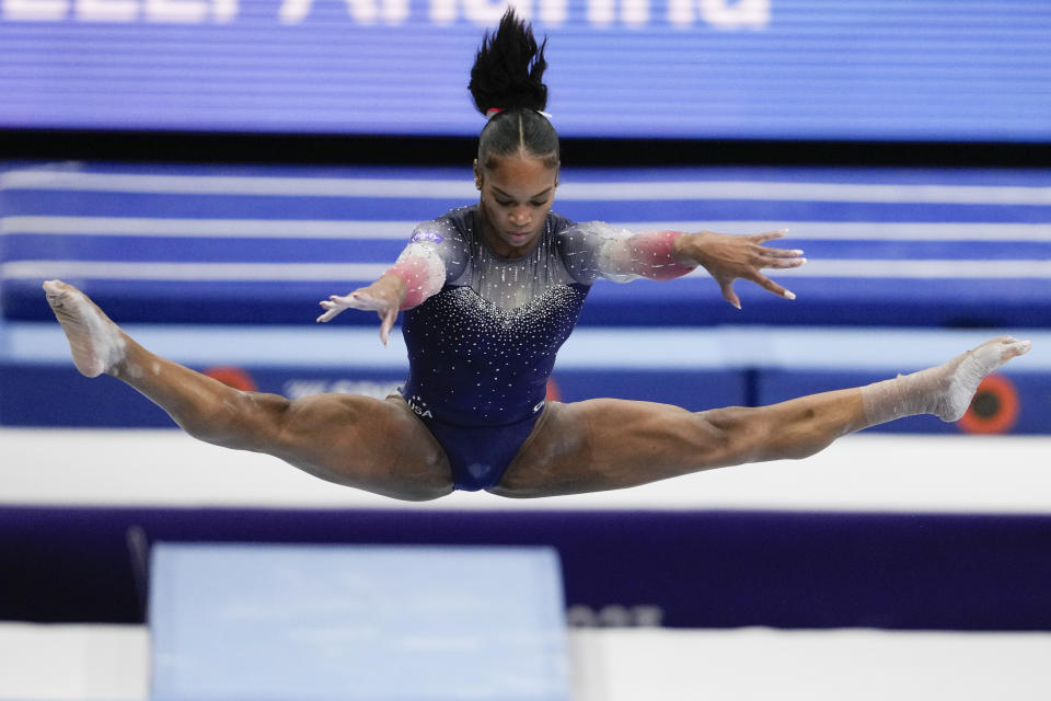 United States' Shilese Jones competes on the beam during the women's team final at the Artistic Gymnastics World Championships in Antwerp, Belgium, Wednesday, Oct. 4, 2023. (AP Photo/Virginia Mayo)