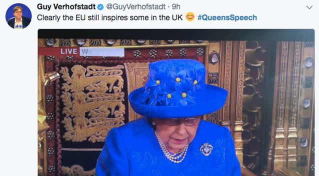 Even one of the leading Members of the European Parliament, Guy Verhofstadt, noticed the choice of headwear. Photo: Twitter