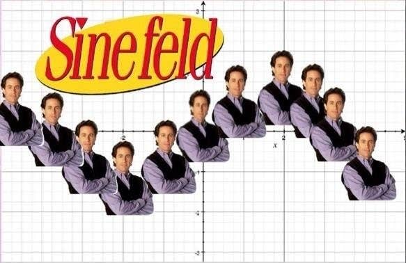 "sinefeld" with jerry's photo across a line graph
