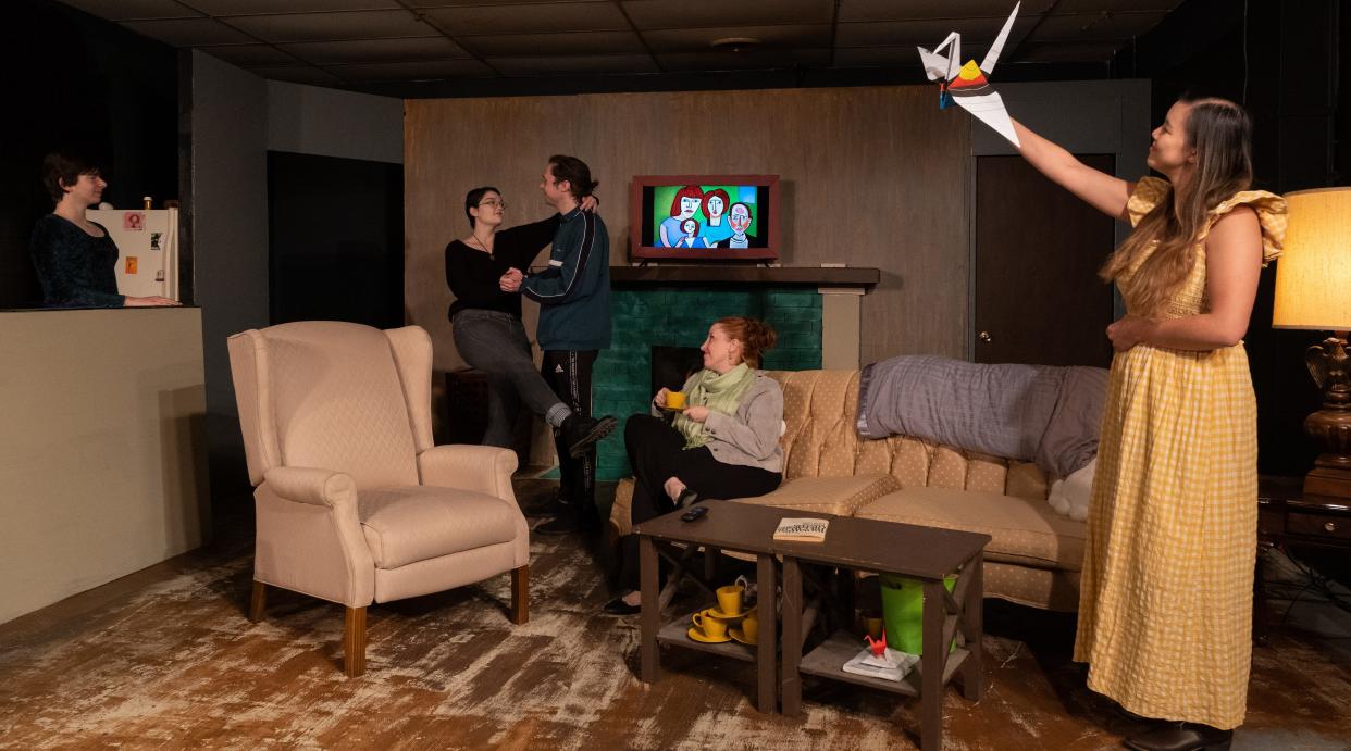 Nathaniel Baker, left, Paige Sailor, Adam Foster, Shelly Overgaard and Mariah Donley rehearse a scene for The Acting Ensemble's production of "The Bird Boy" that opens Dec. 9 and continues through Dec. 18, 2022, at the theater in Mishawaka.